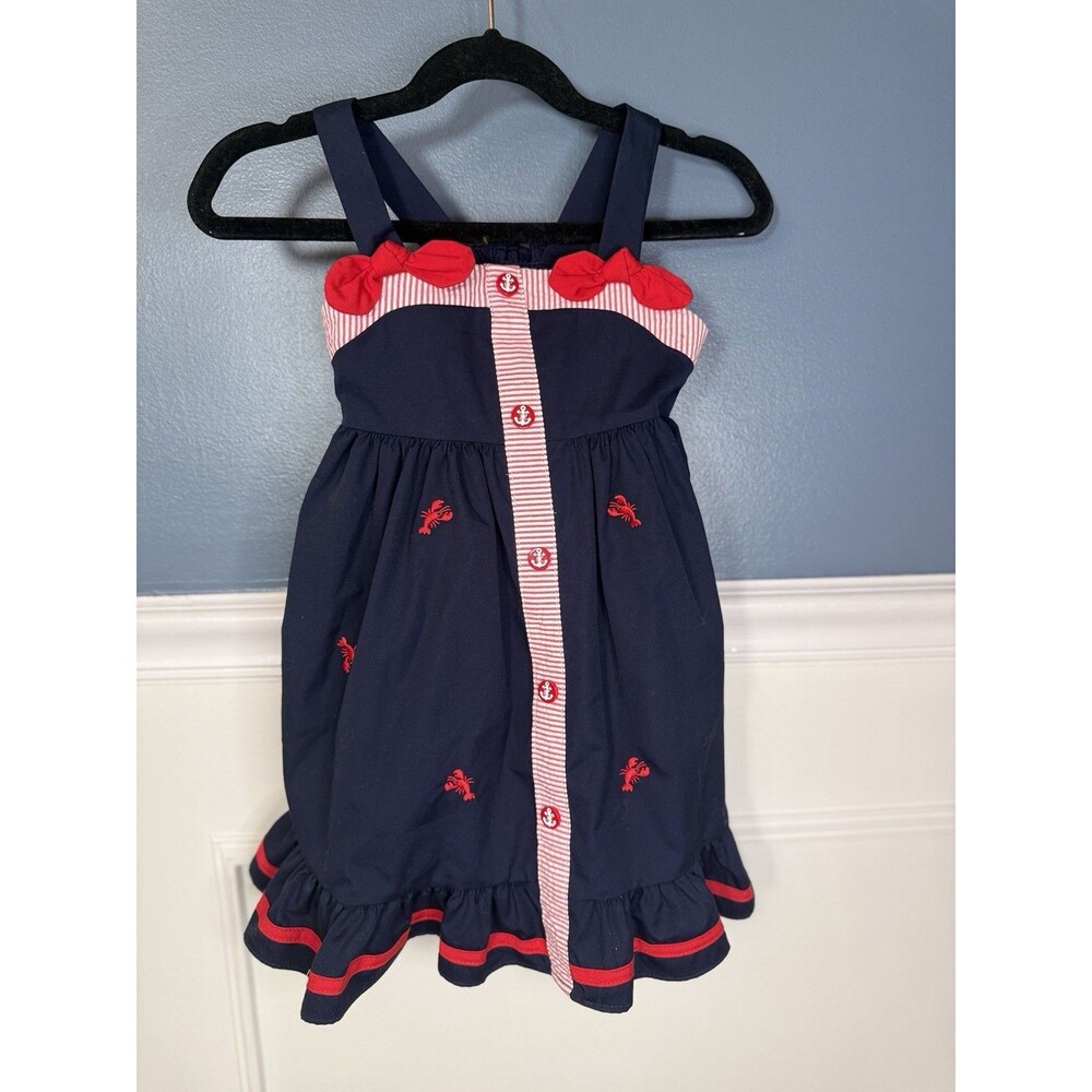 Goodlad Girls 3T Nautical Dress Navy Red Lobster Anchor Seersucker Bows Summer